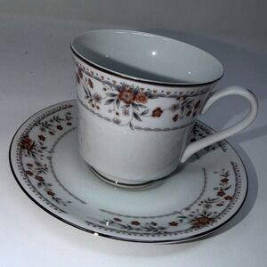 Claremont Japan Fine Porcelain Tea Cup and Saucer Set Floral Vine Silver Trim